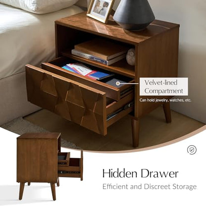 Mid-Century Modern End Table with Charging Station, Open Shelf & Drawer with Velvet-Lined Hidden Compartment, Wood Side Tables with Geometric Panel, Walnut