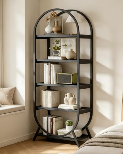 Bookshelf Arched Bookcase, Industrial 5 Tier Open Book Shelves with Metal Frame, 72" Tall Freestanding Display Rack for Home Office, Living Room, Black - color: Black, size: 5 Tier Arched