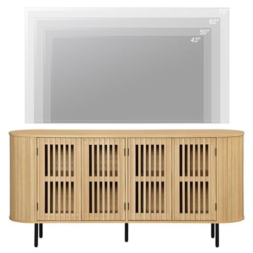 WAMPAT 64.4" Fluted TV Stand, Wood Entertainment Center for TVs Up to 70 inches, Curved Edge Media Console Table with Doors and Shelves for Living Room, Bedroom, Oak - color: Oak