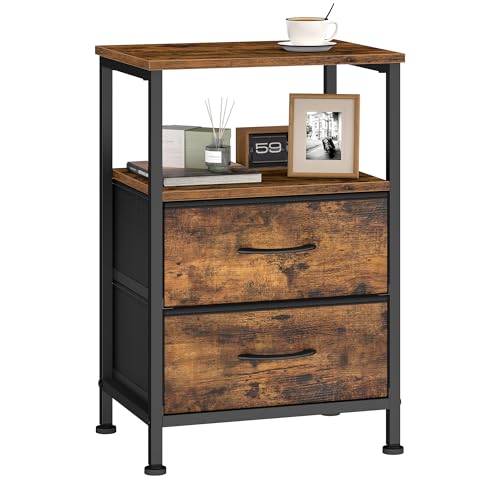 SONGMICS Nightstand, Bed Side Table, End Table with 2 Drawers | 1 Open Shelf, Industrial, Rustic Brown, BELLAH Collection ULGS052K101S - color: Rustic Brown, style: 2 Drawers-1Pc