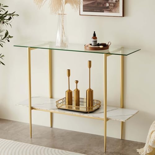 LumFurn Glass Console Table for Living Room, Foyer & Entrance, 2-Tiers Mid-Century Modern Sofa Table with Clear Glass Top, White Marble Finish Wood Shelf and Gold Finish Frame - color: Clear & White Marble, size: L41" Sofa Table