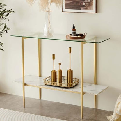 LumFurn Glass Console Table for Living Room, Foyer & Entrance, 2-Tiers Mid-Century Modern Sofa Table with Clear Glass Top, White Marble Finish Wood Shelf and Gold Finish Frame - color: Clear & White Marble, size: L41" Sofa Table