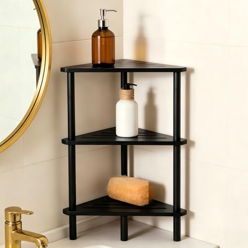 Yoshiky 3-Tier Black Free Standing Corner Shower Caddy, Bamboo Wood Bathroom Shower Shelf Table for Inside Shower Organizer & Storage Foot Rest Shower Stool - color: Black