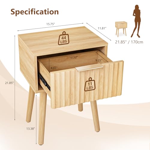 VINGLI Night Stand Set 2, Fluted Nightstands with Drawer, Mid Century Modern Nightstands Set of 2, Bedside Table, End Table, Wood Nightstand for Bedroom, Natural Oak, 15.75" W*11.81" D*21.85" H - color: Oak, size: 15.7"W-1 Drawer