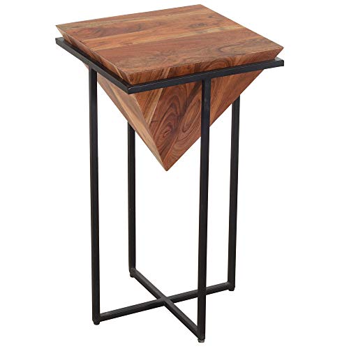The Urban Port 26 Inch Pyramid Shape Wooden Side Table | Brown Finish, Cross Black Metal Base, Modern Accent End Table, For Living Room, Bedroom, Entryway, Lounge, Home Decor Display - size: 26-Inch