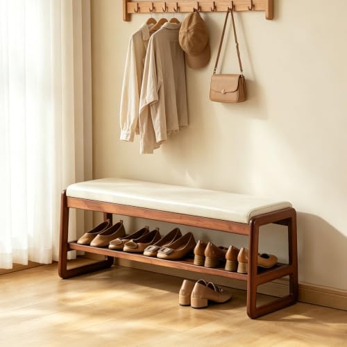 SOBIBO Solid Wood Shoe Bench, 2-Tier Wooden Entryway Bench, Modern Shoe Rack with Faux Leather Cushion for Hallway, Living Room (Gray, 39.4'') - color: Beige, size: 39.4 inches