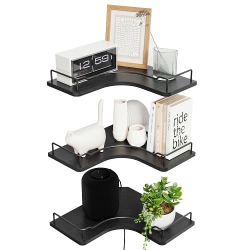 L-Shaped Corner Floating Shelves Set of 3,Rustic Wood Wall Mounted Storage Shelves,Display Shelf for Bathroom, Kitchen,Bedroom, Living Room, Office (Black) - color: Black