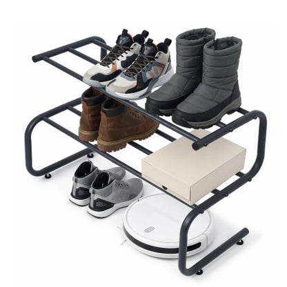 Black Metal Shoe Rack, 2 Tier 5-Shaped Shoe Storage Organizer, 24” Wide Compact Shoe Shelf for Entryway, Closet Floor, Hallway, Small Spaces, Free Standing Front Door Entrance Shoe Shelves