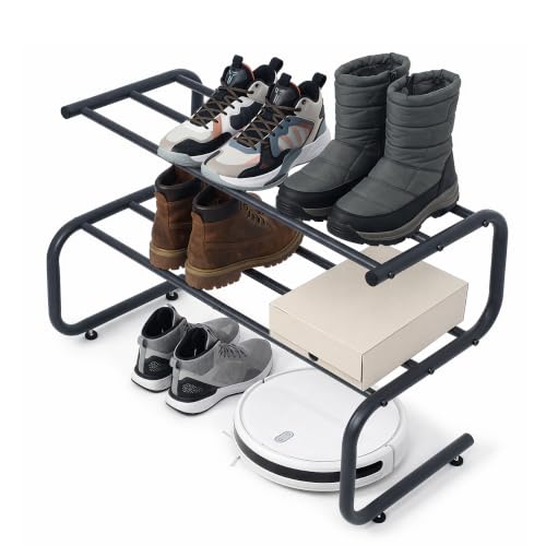 Black Metal Shoe Rack, 2 Tier 5-Shaped Shoe Storage Organizer, 24” Wide Compact Shoe Shelf for Entryway, Closet Floor, Hallway, Small Spaces, Free Standing Front Door Entrance Shoe Shelves
