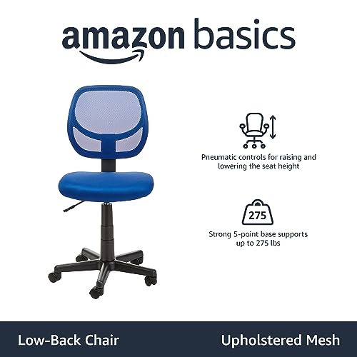 Amazon Basics Low Back Office Chair, Breathable Mesh, Height Adjustable, Padded Seat, Rolling Wheels, Swivel, Blue, 21.25" D x 22.5" W x 38" H - color: Blue