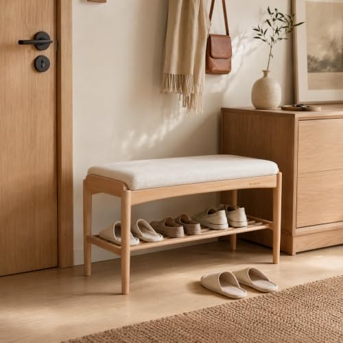 Solid Wood Shoe Bench, 40 Inch Entryway Bench with Light Gray Cushion | Wide natural oak bench with visible wood grain and soft cushion provides spacious seating with timeless modern style. - color: Natural + Light Gray Cushion, size: 39.37"