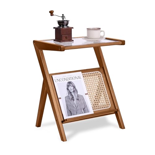 Tiita Rattan Side Table, Mid Century Nightstand, Bamboo Accent Bedside Tables, Glass Coffee Tables, Boho Wooden End Table with Storage for Small Space, Living Room and Bedroom - color: Rattan-l-brown