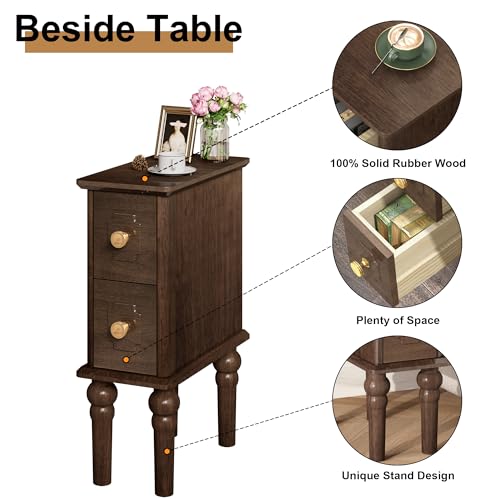 Solid Wood End Table, Walnut Narrow Side Table with Drawers, Small Nightstand Skiny Beside Table for Small Space, Living Room, Bedroom, 8" Width