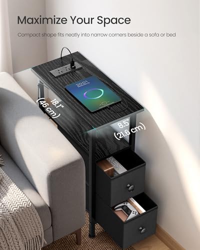 SONGMICS Side Table with LED Light, Narrow End Table with 2 Drawers, Nightstand with Charging Station, Bedside Tables for Small Space, Living Room, Bedroom, Ink Black, BELLAH Collection ULGS002B101 - color: Ink Black, size: 1 Pack (8.5"D x 18.1"W x 23.8"H