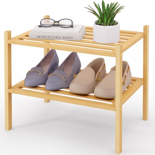 Smiry Small Bamboo Shoe Rack, 2 Tier Free Standing Wooden Shoe Organizer, Stackable Wood Shoe Storage Shelf for Closet, Entryway, 5 Horizontal Slats, 17.3"x11"x13", Natural - color: Natural, size: 2 Tier - 17.3" Wide