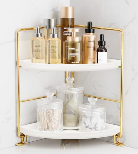 FSyueyun 2-Tier Corner Bathroom Counter Organizer, Tool-Less Installation Vanity Shelf Small Plastics Countertop Makeup Tray Skincare Perfume Organizers (Gold) | Plastic Bathroom Organizer Countertop for Skincare, Perfume, Makeup, Tool-Free Assembly, Smal