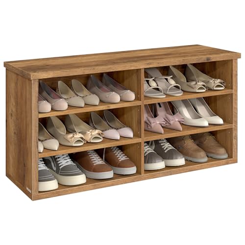 VASAGLE Shoe Bench, Storage Bench, 6 Compartments, Adjustable Shelves, for Living Room, Entryway, Dorm, 11.6 x 39.4 x 19.7 Inches, Honey Brown ULSB036K01 - color: Honey Brown, size: 11.6"D x 39.4"W x 19.7"H