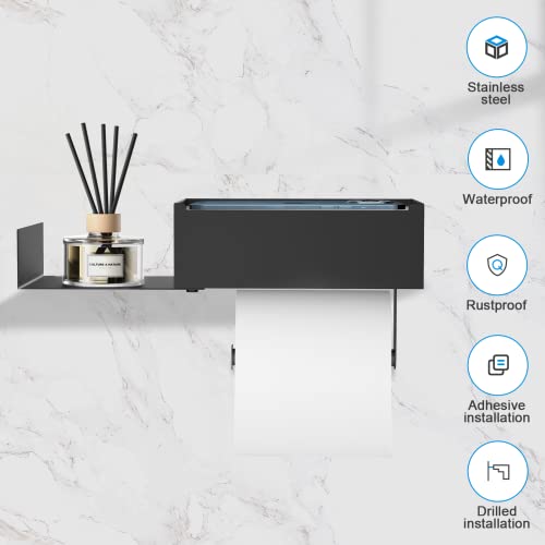 Toilet Paper Holder with Shelf, FUNLEU Self Adhesive Toilet Paper Holder with Storage, Wipe Holder for Bathroom Flushable Wipes Dispenser - Stainless Steel Toilet Holder Wall Mount, Matte Black - color: Black
