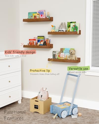 Harwaya Walnut Nursery Book Shelves Wall Set of 4, Dark Wood Scalloped Floating Bookshelf for Wall, Cloud Wooden Hanging Shelving Unit for Kids Bedroom Baby Child Toddler Room Kitchen (Walnut Brown) - color: Walnut