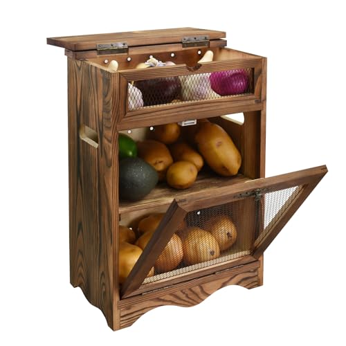 Ikee Design Free Assemble Wood Countertop Potato and Onion Storage Cabinet | Pine wood countertop cabinet with removable shelf stores bread, potatoes, onions and pantry essentials; fully assembled. - color: Rustic Brown, 2 Door