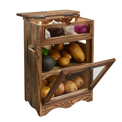 Ikee Design Free Assemble Wood Countertop Potato and Onion Storage Cabinet | Pine wood countertop cabinet with removable shelf stores bread, potatoes, onions and pantry essentials; fully assembled. - color: Rustic Brown, 2 Door