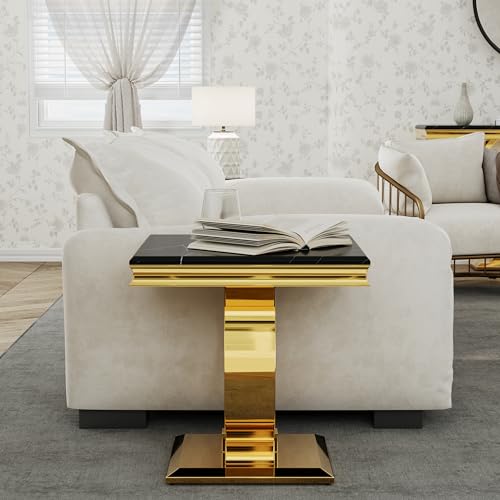 Asday Gold End Table, Modern Black Living Room Side Table with Gold Metal U-Base, Square End Table for Sofa Couch, Living Room, Bedroom, Office - color: Black, size: Set of 1