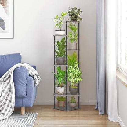 Tall Plant Stand Indoor, 7-Tier Modern Plant Shelf for Multiple Plants, Wood Metal Flower Holder for Living Room Balcony Bedroom, Oak Grey