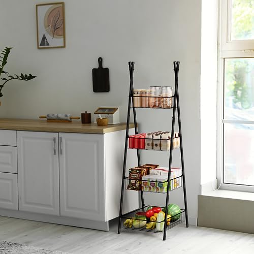 Wire Basket Stand for Kitchen and Bathroom 4 Tier Fruit Storage Basket Metal Floor Standing Vegetable Holder, Black