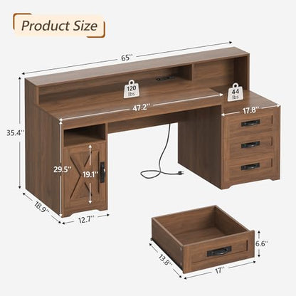 65" Farmhouse Computer Desk with Drawers and Printer Stand for Home Office | Office Desk with Power Outlets and Storage Cabinet, Study Writing Desks with Long Monitor Stand, Brown - color: Brown