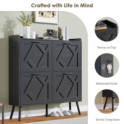 Shoe Cabinet with 4 Flip Drawers, Hidden Shoe Rack Cabinet with Metal Legs, Farmhouse Narrow Shoe Storage Cabinet for Entryway, Foyer, Hallway, Black - color: Solid Black