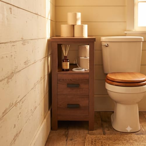 Narrow Nightstand with Charging Station, 24.4" H Slim Side Table with 2 Drawers, Bedside Table for Small Spaces, Modern End Table with Low Profile Legs (Walnut) - color: Walnut