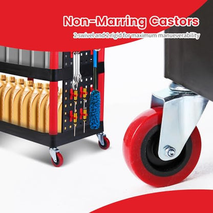 MaxWorks 50886 3 Shelf Rolling Utility Service Cart with Storage Carts and Bottle Holders with Side Hanging Hook 440-lb Capacity - style: 3 Shelves w/ bottle holder