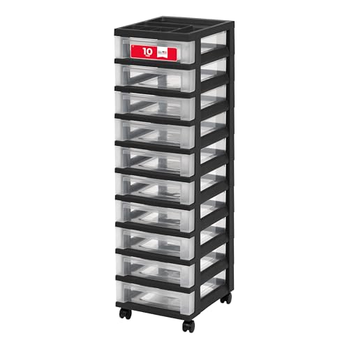 IRIS USA 10-Drawer Rolling Storage Cart, Black/Clear | Keep craft supplies, office essentials, classroom items, and accessories organized with easy-access drawers for daily use - color: Black, size: 10 Drawer