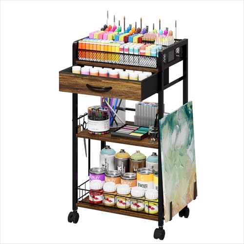 3 Tier Rolling Cart - Metal Utility Cart with Storage Drawer and Wheels, Versatile Art & Craft Organizer for Home, Office, or Studio Ideal for Storing Brushes, Paints, and Supplies Brown - color: Dark Brown