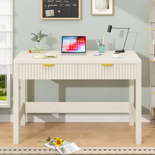 YOMILUVE Fluted Computer Desk with 2 Drawers, 39 Inch Small Computer Desk with Storage, Compact Writing Study Vanity Desk for Small Spaces, White - color: White