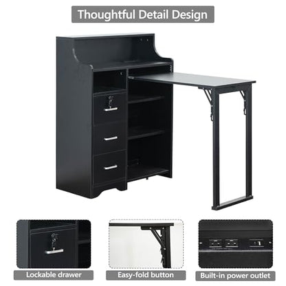 Folding Desk with Storage,Hidden Desk with Lockable Drawers & Shelves, Built-in Power Outlet,Fold Out Desk for Study and Home Office - color: Black