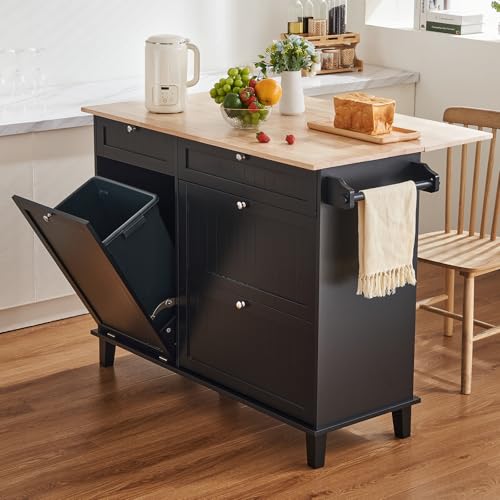 VEVOR Kitchen Island Cart, 50" Wood Top Breakfast Bar with Trash Cabinet Tilt Out 10 Gallon Storage, Farmhouse Dining Living Room Table with Drop Leaf, Towel Bar, Drawer, Black - size: 50"W (dropleaf)