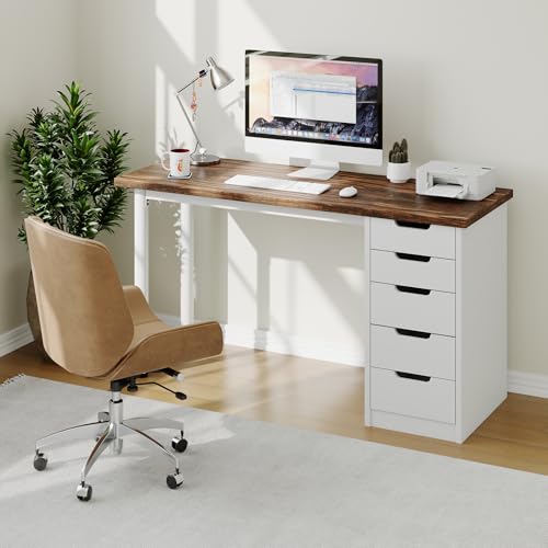 Garvee Computer Desk with 5 Drawers, 47 Inch Modern Simple Study Writing Desk with Storage, Rustic Home Office Desk, Reversible Computer Desk for Small Spaces, Apartments, Dorms, Brown+White - color: Brown + White