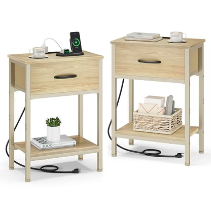 Vagusicc Nightstand Set of 2 with Charging Station, Bed Side Table with Fabric Drawer, Small End Table with 2-Tier Storage Shelves, 25.4" Tall Bedside Table, Night Stand for Bedroom Dorm, Natural - color: Natural (2 Pack)