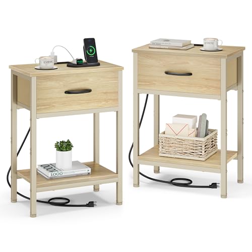 Vagusicc Nightstand Set of 2 with Charging Station, Bed Side Table with Fabric Drawer, Small End Table with 2-Tier Storage Shelves, 25.4" Tall Bedside Table, Night Stand for Bedroom Dorm, Natural - color: Natural (2 Pack)