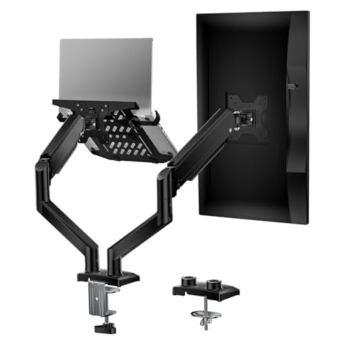 WALI Laptop Desk Mount, Dual Monitor Arm with Laptop Holder, Adjustable Height Laptop Arm Mount for Desk, Fits 17” Notebook and 32” Monitors, Up to 22Lbs (GSMP002LP), Black - size: Dual, style: Fully Adjustable Desk Mount