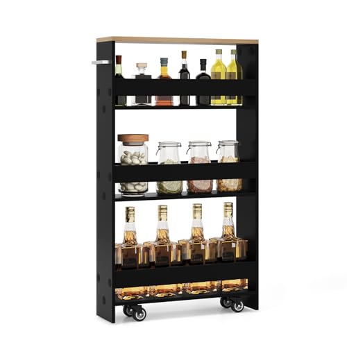 LOKO Slim Storage Cart, 4-Tier Rolling Cart with Handle & Wooden Top for Kitchen Bathroom Laundry Living Room Narrow Small Spaces, 5 Inches Width (Black & Natural) - color: Black & Natural