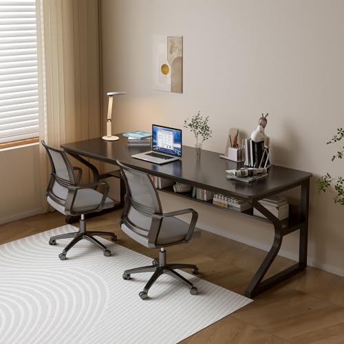 OSCHF Extra Long Desk with Bookshelf - 71" Double Long Writing Table for 2-Person Workstation, Modern Study Work Computer Desk for Home and Office, Black | Double Long Writing Table, Space-saving, 2-Person Workstation, Modern Study Work Computer Desk, Sui