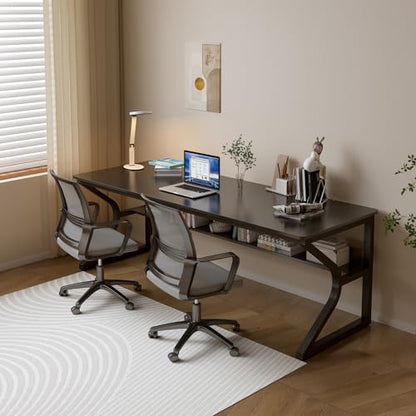 OSCHF Extra Long Desk with Bookshelf - 71" Double Long Writing Table for 2-Person Workstation, Modern Study Work Computer Desk for Home and Office, Black | Double Long Writing Table, Space-saving, 2-Person Workstation, Modern Study Work Computer Desk, Sui