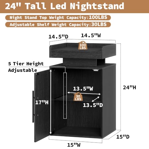 Baoz Black Nightstand Set of 2 with Door, 24" Tall Led Modern Bedside Table | Wood Night Stand with Side Open Shelf & Adjustable Shelf for Bedroom, Smart Lights with RGB Colors