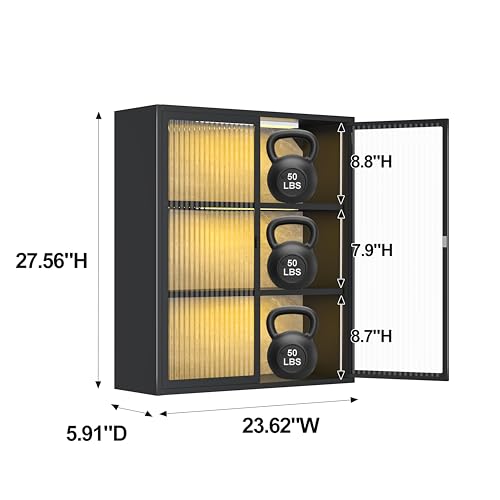 3-Tier Bathroom Wall Cabinet with 2 LED Light | Metal Medicine Cabinet with Glass Doors, Laundry Room Cabinets Storage, Black Over Toilet Modern Storage Cabinet for Bathroom - style: Full Glass Door Black