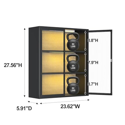 3-Tier Bathroom Wall Cabinet with 2 LED Light | Metal Medicine Cabinet with Glass Doors, Laundry Room Cabinets Storage, Black Over Toilet Modern Storage Cabinet for Bathroom - style: Full Glass Door Black