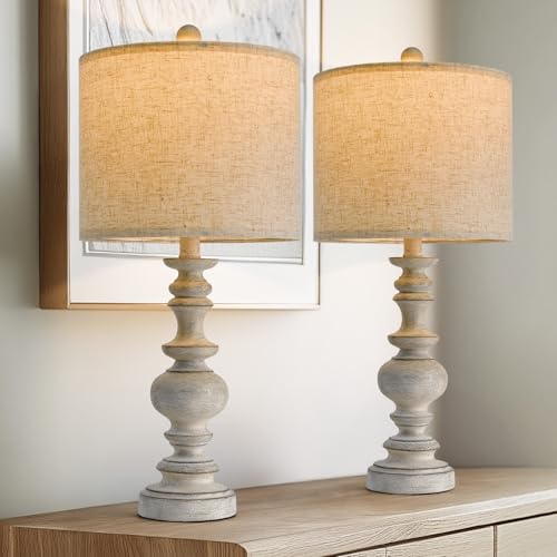 BOBOMOMO 24" Farmhouse Retro Table Lamp Set of 2, Traditional Resin Lamps for Living Room Bedroom, Vintage Bedroom Lamps with Linen Shades, Rustic Table Lamps for Living Room, Nursery, Office - color: Antique Gray, size: Medium-24"