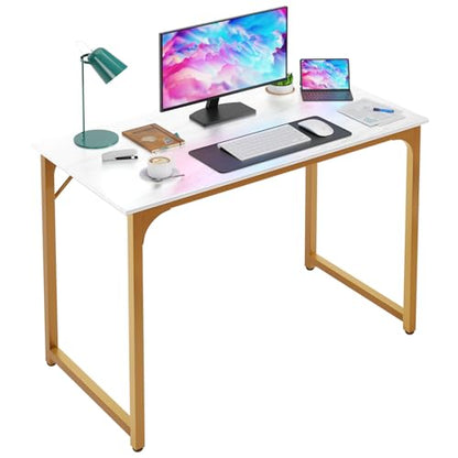 Dkelincs 40 Inch Small Computer Desk Home Office Desk Writing Desk Modern Simple Style Study Work Table with Metal Frame, Easy Assembly, Adjustable Feet, Water-Resistant, Scratchproof Surface, Gold - color: Gold, size: 40 Inch