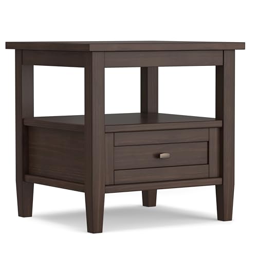 SIMPLIHOME Warm Shaker End Table - 20" Wide x 20" High Solid Wood Side Table in Warm Walnut Brown, Transitional Accent Table for Living Room or Bedroom with Drawer, Open Shelf and Square Tapered Legs - color: Warm Walnut Brown, size: 20 inch, style: End T